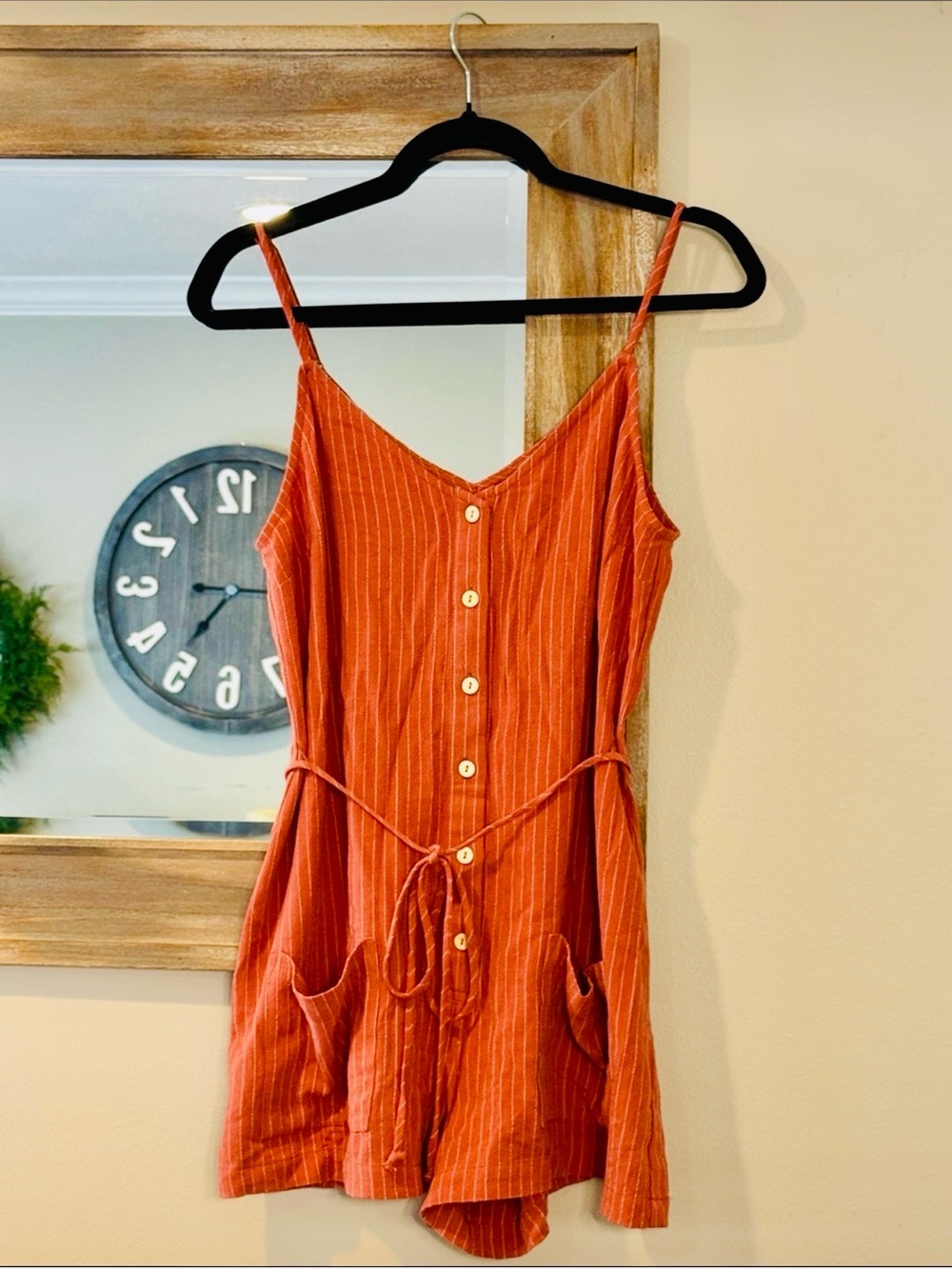 mahina Rust-Orange Pinstripe Button Romper Dress